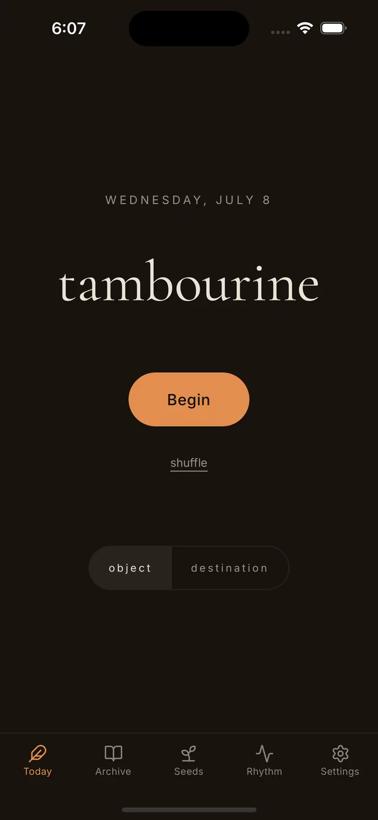 Penchant hero screen with today's word and the ten-minute timer